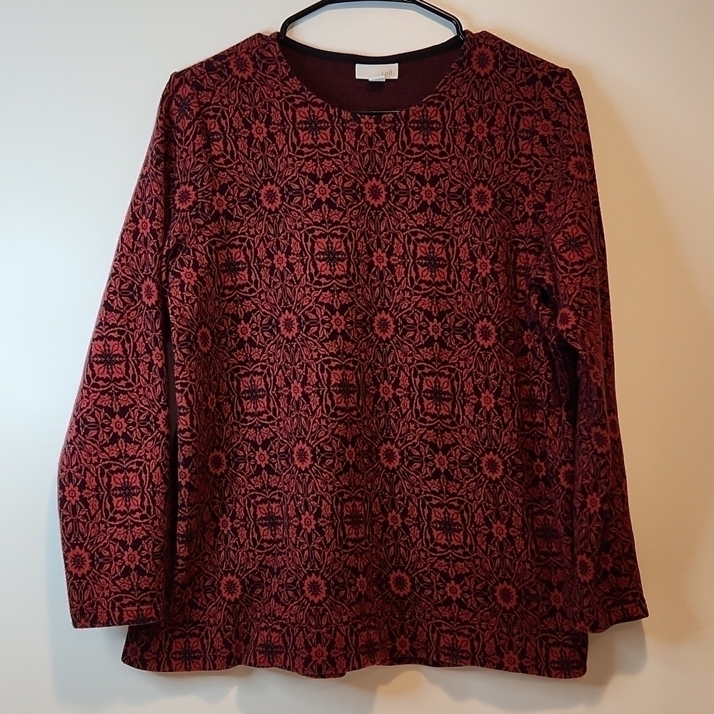J Jill Long Sleeve Sweater Holiday Floral Print Women's Sz Medium Red/Black EUC